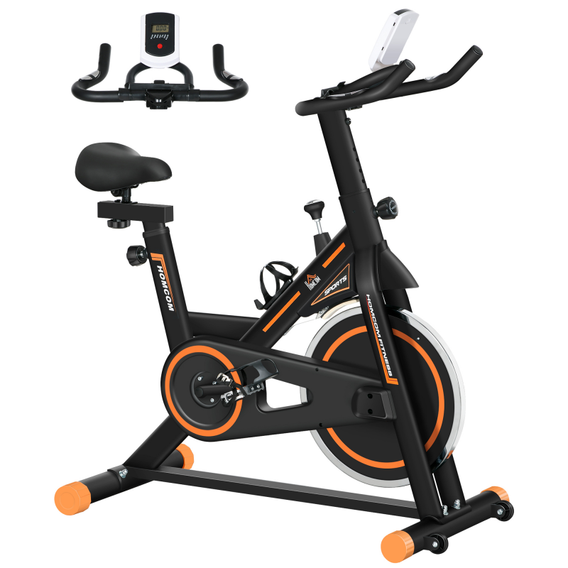 HOMCOM Heimtrainer für Zuhause, leises Indoor-Fitnessrad mit LCD-Bildschirm, verstellbarer Widerstand, Lenker und Sitz verstellbar, stationär für Zuhause, Belastung 120 kg, schwarz und orange Aosom – Bild 1 von 2