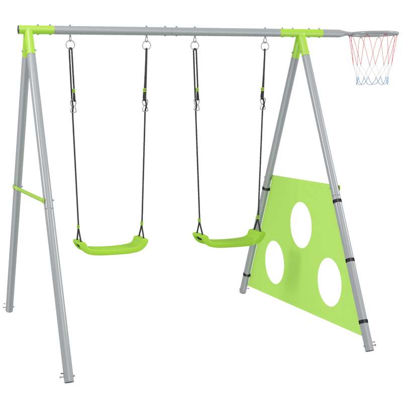 AIYAPLAY 3 in 1 Schaukelgestell Outdoor Schaukelgerüst mit 2 Schaukeln, Basketballkorb, Fußballtor, Kinderschaukel mit Metallgestell, Gartenschaukel für Kinder Aosom – Bild 1 von 2