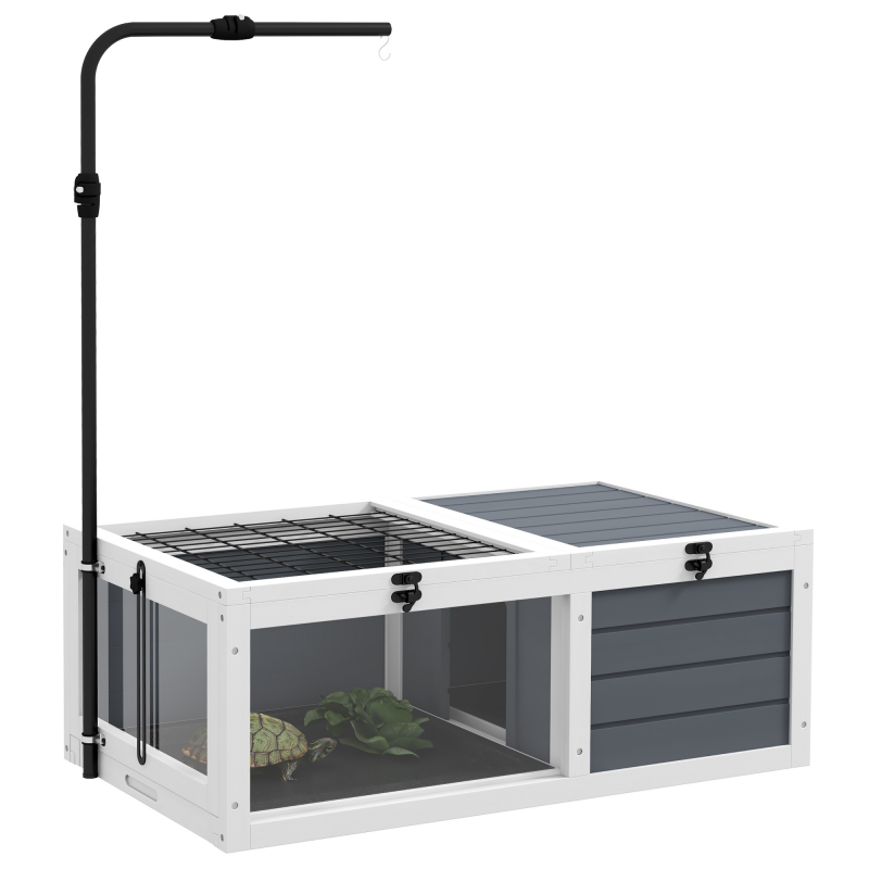 PawHut Haus Gehege Käfig für Kleintier Schildkröte mit 2 Bereichen, verstellbarem Lampenhalter, 2 herausziehbaren Schalen, 81 x 48 x 31,5 cm - graues Massivholz Aosom – Bild 1 von 2