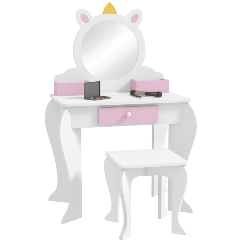 ZONEKIZ Kinder-Schminktisch mit Hocker und Spiegel, Schminktisch für Mädchen mit Schublade, Fächern, Einhorn-Design, Schminktisch für Kinder 3-6 Jahre, Weiß Aosom – Bild 1 von 2