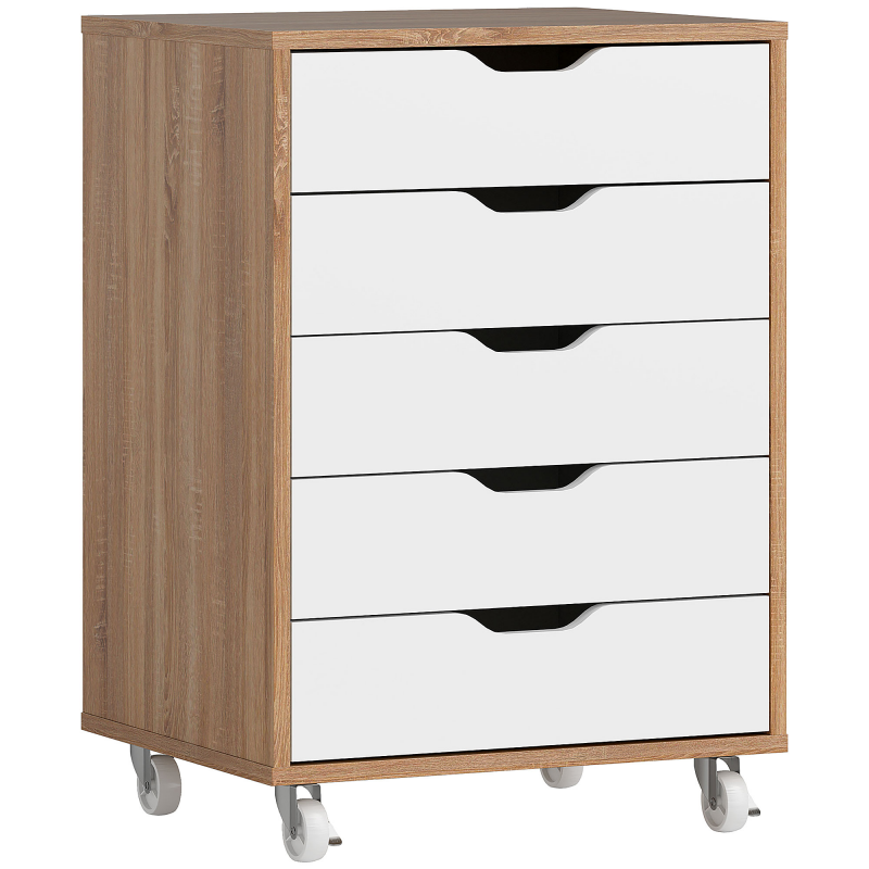 Vinsetto Rollcontainer mit 5 Schubladen, Aufbewahrungsmöbel auf Rollen für Dokumente und Drucker, Rollcontainer für Arbeit oder Schlafzimmer, 47,5 x 39,5 x 67,5 cm, weiß und Eiche Aosom – Bild 1 von 2