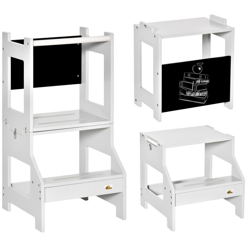 HOMCOM 3-in-1 Lernturm für Kinder, Lernturm mit Stange, hohen Sicherheitsrändern und Kreidetafel, rutschfeste Stufen, Learning Tower, geeignet für Kinder von 3 bis 6 Jahren, grau Aosom – Bild 1 von 2