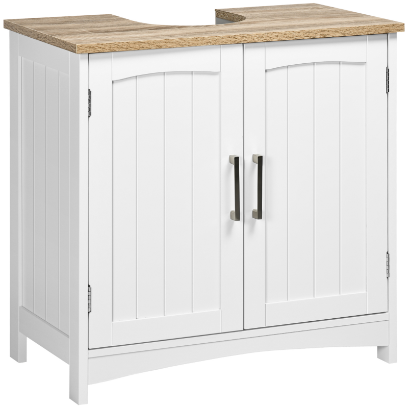 kleankin Unterschrank fürs Bad mit 2 Türen und verstellbarem Fach, platzsparender Unterschrank mit "U"-Ausschnitt, für Waschbecken mit und ohne Sockel, 60x33x60cm, Holz und Weiß Aosom – Bild 1 von 2