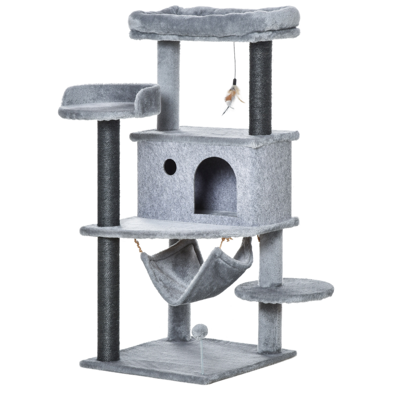 PawHut Kratzbaum für Katzen mit Pfosten, Häuschen, Bett, 4 Plattformen, Hängematte & 2 Spielzeugen, Katzenturm aus Spanplatte, Plüsch, Sisal und Filz, 48x48x107 cm, Grau Aosom – Bild 1 von 2