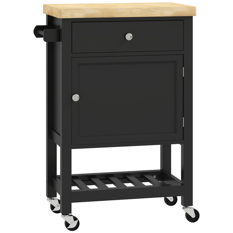 HOMCOM Küchenrollwagen auf Rollen, Servierwagen, Arbeitsplatte aus Gummibaumholz, Schublade, Schrank und Geschirrtuchhalter, Küchen- und Esszimmerwagen, 63,5 x 40 x 90 cm, schwarz Aosom – Bild 1 von 2