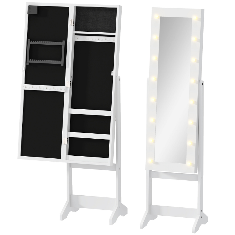 HOMCOM LED Schmuckschrank mit Spiegel Spiegelschrank Standspiegel Schmuckregal Spiegel verstellbar Cremeweiß 136 cm hoch Aosom – Bild 1 von 2