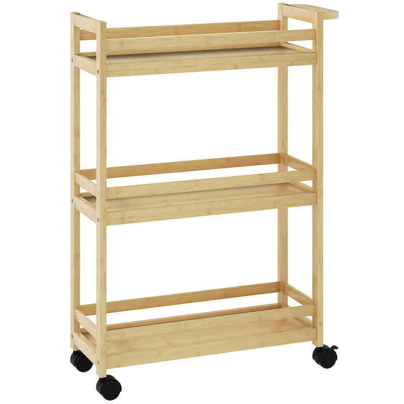 HOMCOM Badregal, Badezimmerregal mit 3 Ebenen, Rolle, Standregal aus Bambus, mit Griffe, für Badezimmer, Wohnzimmer, Küche, 55 x 20 x 75 cm, Naturholz Aosom – Bild 1 von 2