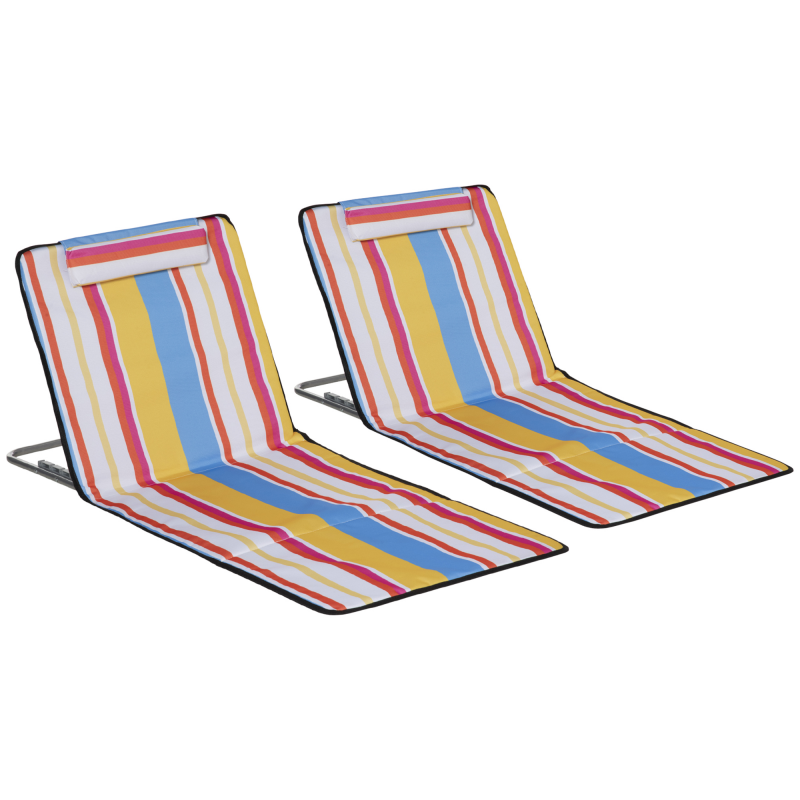 Outsunny Strandmatte, 2er Set Faltbare Strandliege mit Kopfkissen, 5-stufige Höhenverstellbare Strandmatratze mit Tragetasche, Stahl, Mehrfarbig, 134 x 48 x 33-43 cm Aosom – Bild 1 von 2