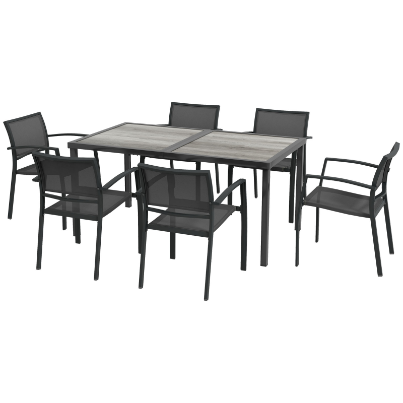 Outsunny 7 tlg. Sitzgruppe Gartenmöbel-Set, Gartengarnitur mit 1 Esstisch, 6 stapelbaren Stühlen, Sitzgarnitur, für Terrasse, Mesh, Dunkelgrau Aosom – Bild 1 von 2