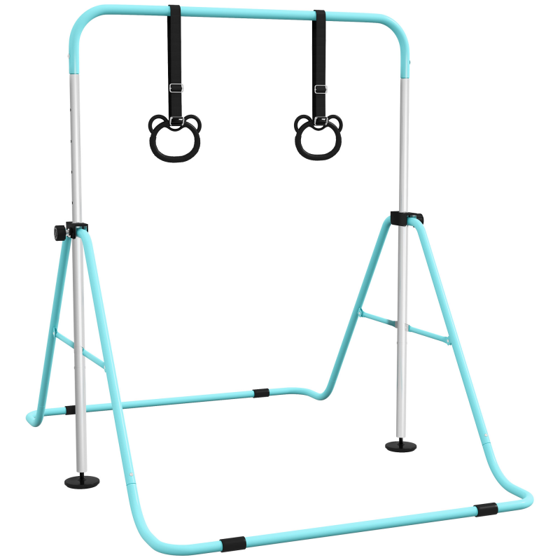 HOMCOM Kinder-Turnstange, horizontale Stange, klappbares, höhenverstellbares Turngerät 88-128 cm mit Turnringen, cyan Aosom – Bild 1 von 2