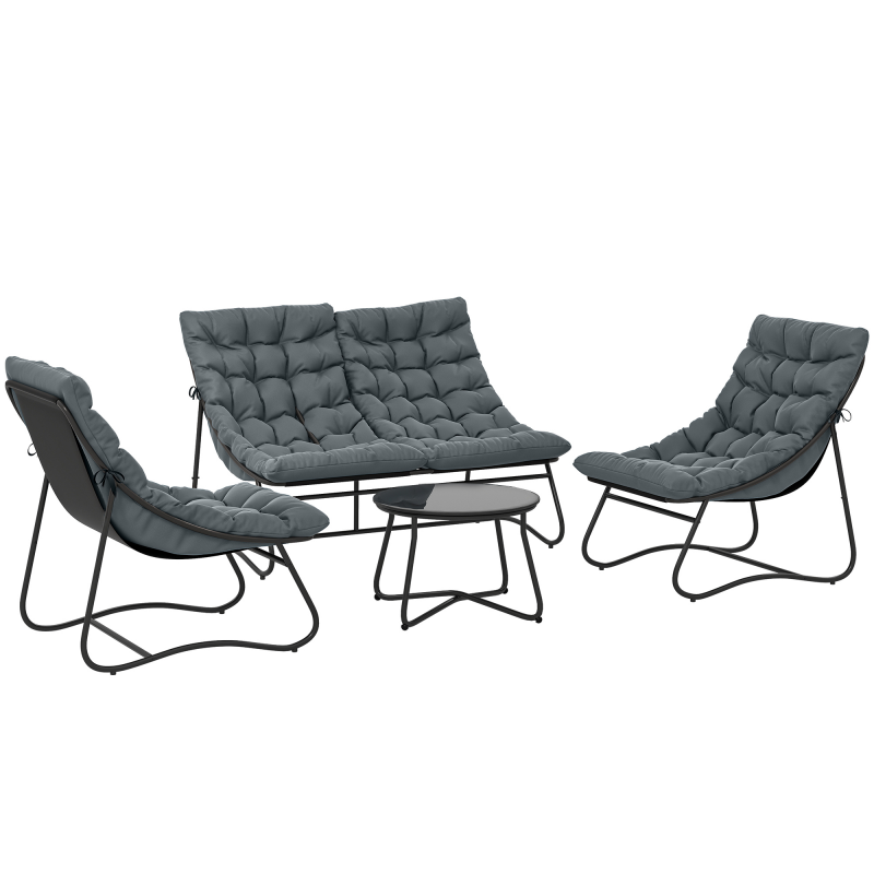 Outsunny 4‑teiliges Gartenlounge-Set mit 8 cm dicken Kissen - Außenmöbel-Set aus Stahl und atmungsaktivem Textilene - Couchtisch mit gehärteter Glasplatte für moderne Terrasse/Balkon, Grau Aosom – Bild 1 von 2