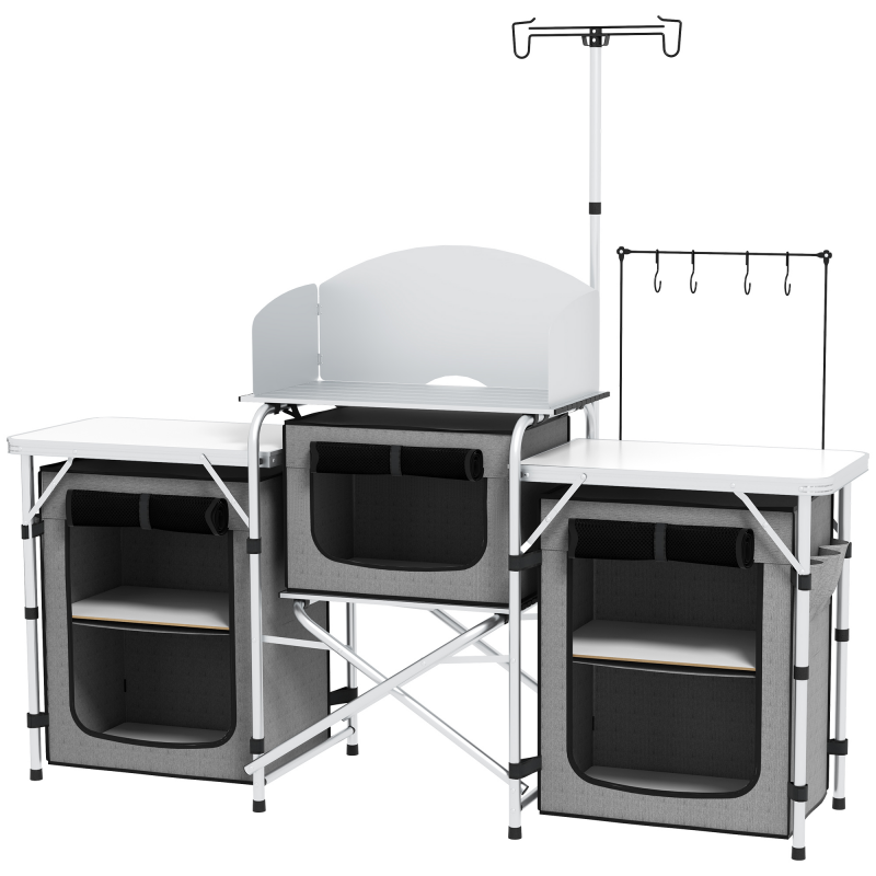 Outsunny Campingküche klappbar mit Windschutz, 3 Schränken & 3 verstellbaren Arbeitsplatten, Aluminium Oxford Grau für Garten & Outdoor Aosom.de – Bild 1 von 2