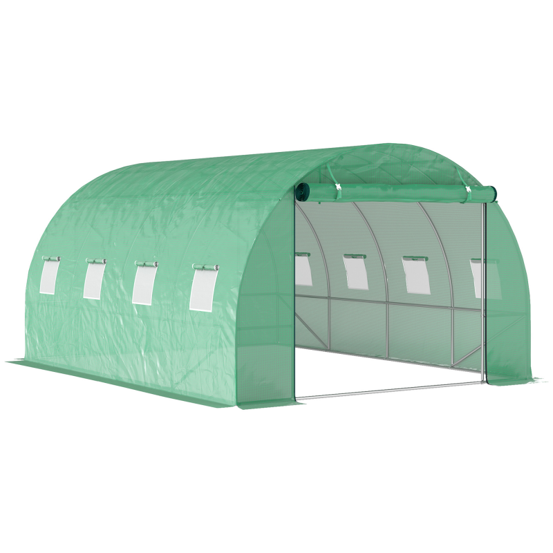 Outsunny Gewächshaus ca. 4 x 3 x 2 m Foliengewächshaus mit 8 Fenster, Rolltür, Aufrollbar Seitenwänden, UV-beständiger Folientunnel, Winterfest Tomatenhaus mit Erdanker, Grün Aosom – Bild 1 von 2