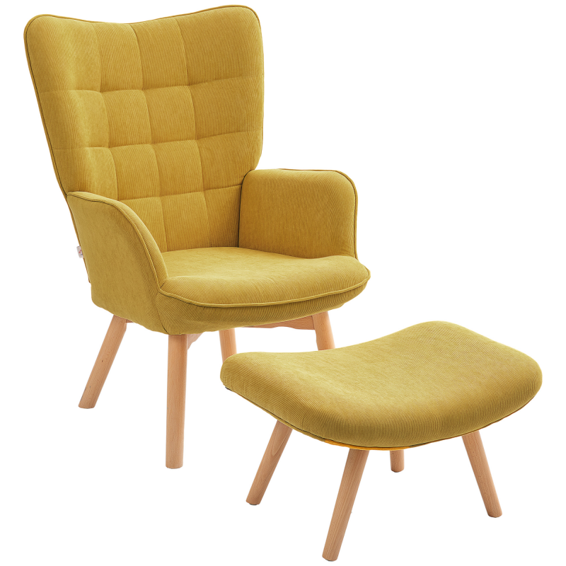 HOMCOM Sessel mit Hocker Skandinavisch, Belastbarkeit 150 kg, moderner Sessel mit Hocker, Armlehnstuhl mit Holzbeine, Gelb Aosom.de – Bild 1 von 2