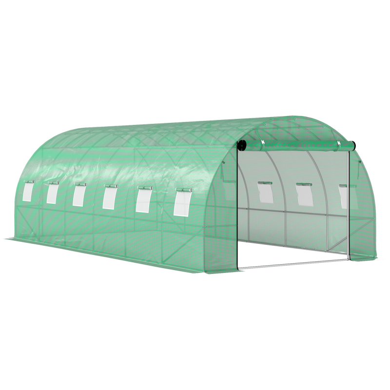 Outsunny Gewächshaus ca. 6 x 3 x 2 m Foliengewächshaus mit 12 Fenster, Rolltür, Aufrollbar Seitenwänden, UV-beständiger Folientunnel, Winterfest Tomatenhaus mit Erdanker, Grün Aosom – Bild 1 von 2