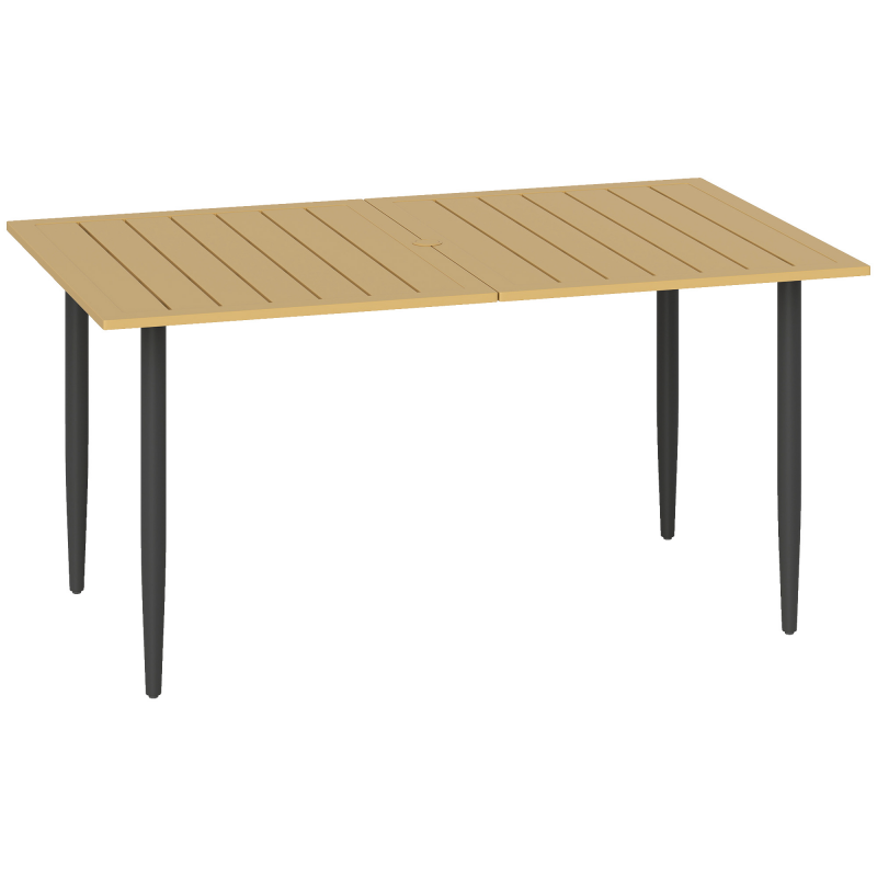 Outsunny Gartentisch 150x90cm, Wetterfest Balkontisch aus Stahl, Balkontisch mit Schirmloch Lamellendesign Outdoor Campingtisch Beistelltisch, rechteckig Terrassentisch für Garten Balkon Braun Aosom – Bild 1 von 2