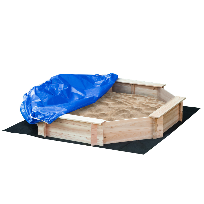 Outsunny Sandkasten mit Abdeckung 8-eckig Sandkiste aus Massivholz Bodenloses Design für Kinder 3-8 Jahre Natur+Blau 139,5 x 139,5 x 21,5 cm Aosom – Bild 1 von 2