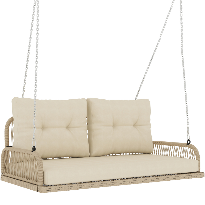 Outsunny Hollywoodschaukel 2-Sitzer Rattan Gartenschaukel mit Kissen Ketten Hängebank bis 240 kg belastbar Hängeschaukel Schaukelbank Gartenbank für Garten Balkon 115 x 66 x 44 cm Beige Aosom – Bild 1 von 2