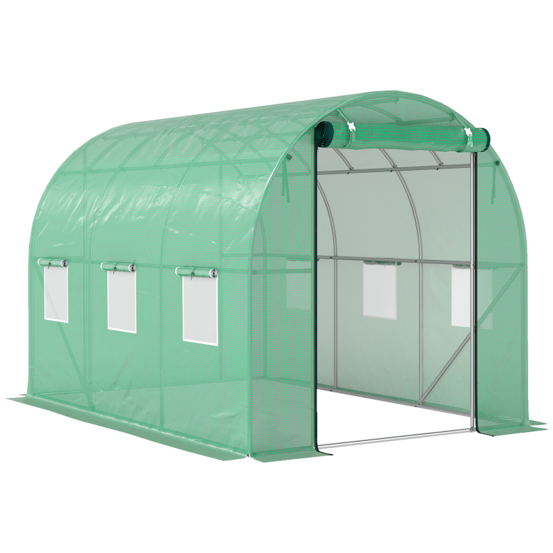 Outsunny Gewächshaus ca. 3 x 2 x 2 m Foliengewächshaus mit 6 Fenster, Rolltür, Aufrollbar Seitenwänden, UV-beständiger Folientunnel, Winterfest Tomatenhaus mit Erdanker, Grün Aosom – Bild 1 von 2