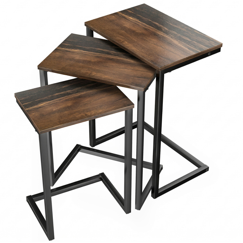 HOMCOM 3er-Set Beistelltische C-förmige Satztische im Industriedesign, platzsparend mit Stahlgestell, rustikal-braun für Wohnzimmer Aosom.de – Bild 1 von 2
