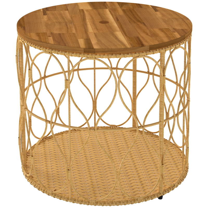 Outsunny Beistelltisch Ø50 cm wetterfest Gartentisch mit Rattanoptik Akazienholzplatte verstellbaren Füßen, runder Balkontisch 80 kg Belastbar, Bistrotisch für Garten Terrasse Balkon Teak Aosom – Bild 1 von 2