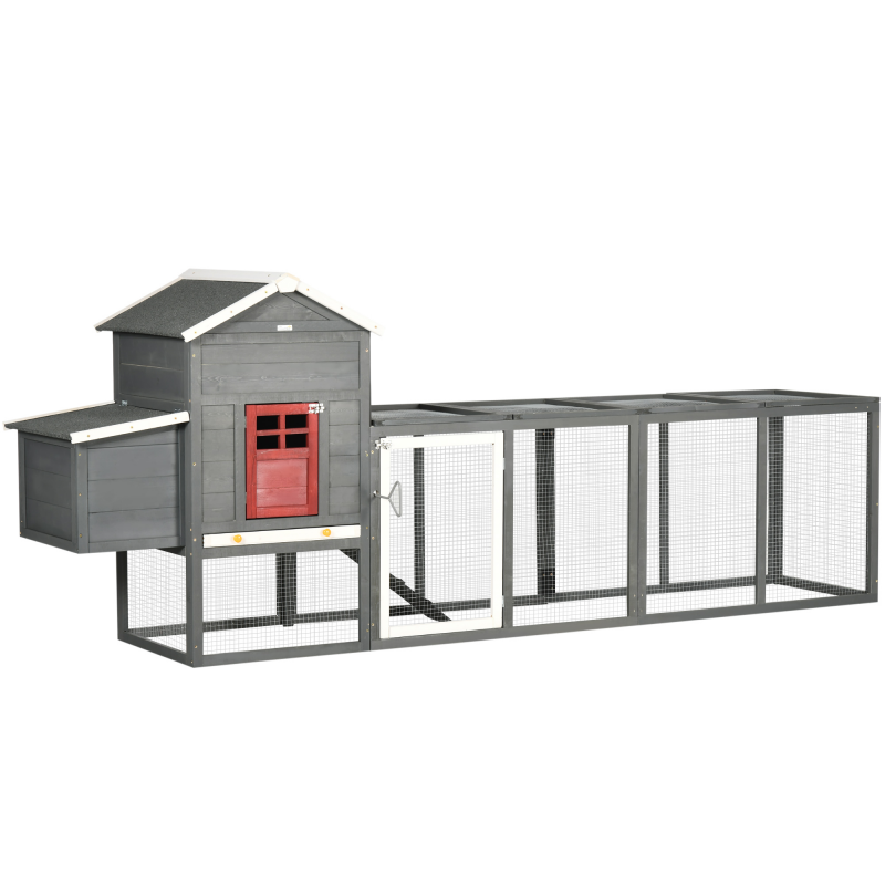 PawHut Großes Hühnerhaus aus Holz für Außenbereich, 300x66x116 cm, Hühnerstall mit Nistkasten, Auslauf, Herausziehbare Schublade, Bitumendach, Rampe, Verriegelbare Tür, Stall für 3-6 Hühner oder Kaninchen, Grau Aosom – Bild 1 von 2