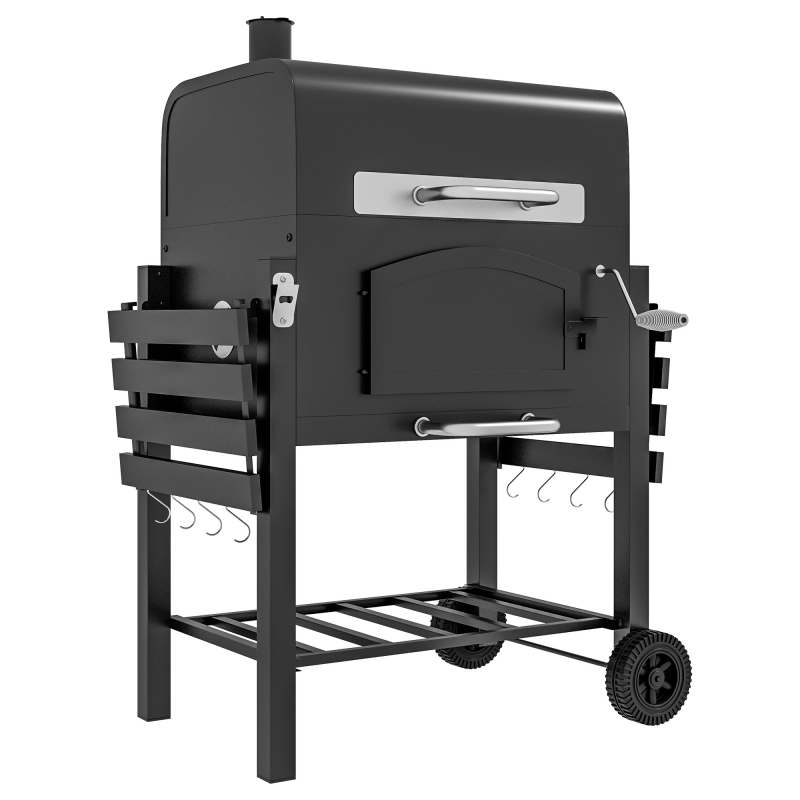 Outsunny Holzkohlegrill BBQ Gartengrill mit Deckel, Ablagen, Smoker, Warmhalteplatte, Regale, Transportrollen, Metall Aosom – Bild 1 von 2