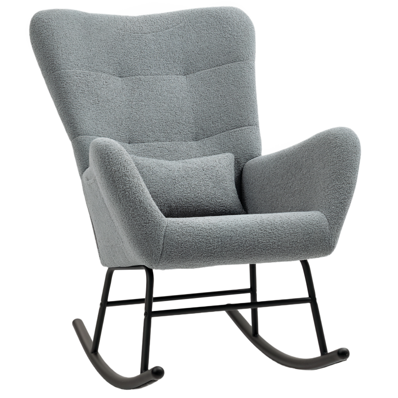 HOMCOM Schaukelstuhl, Schaukelsessel mit Teddystoff-Optik, Armlehne, Stillsessel mit Holzkufen, Lendenkissen, Relaxsessel mit Seitentasche für Wohnzimmer, Schlafzimmer, Grau Aosom – Bild 1 von 2