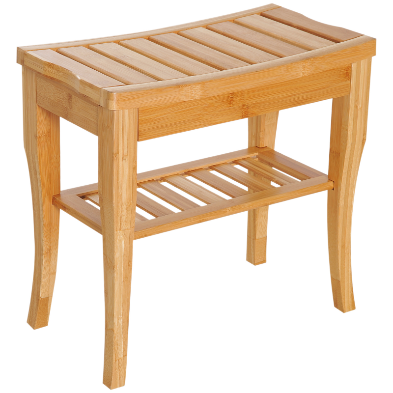HOMCOM Duschhocker Badhocker mit Ablage Duschsitz Duschstuhl Badstuhl Badregal Bambus Natur 47,5 x 26 x 44,5 cm Aosom – Bild 1 von 2