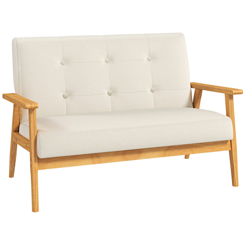 HOMCOM 3-Sitzer-Sofa 115 cm, skandinavisches Sofa mit geknöpfter Rückenlehne, gepolsterter Sitz und Armlehnen, Füße aus Hevea-Holz, für Wohnzimmer, Schlafzimmer, kleine Räume, beige Aosom – Bild 1 von 2