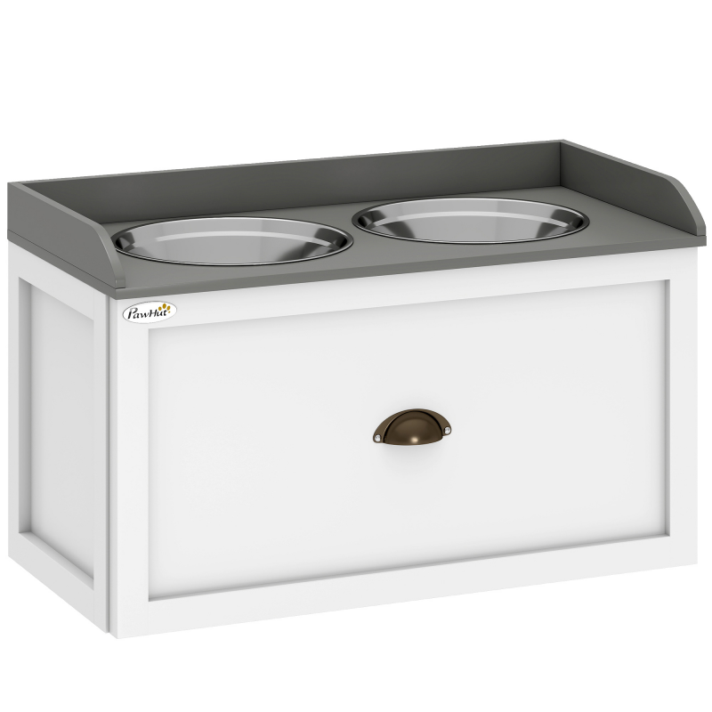 PawHut Hundenapf mit Schublade 2x2L Futternapf erhöht Edelstahl Futterstation für Katzen und Hunde in Weiß Aosom.de – Bild 1 von 2