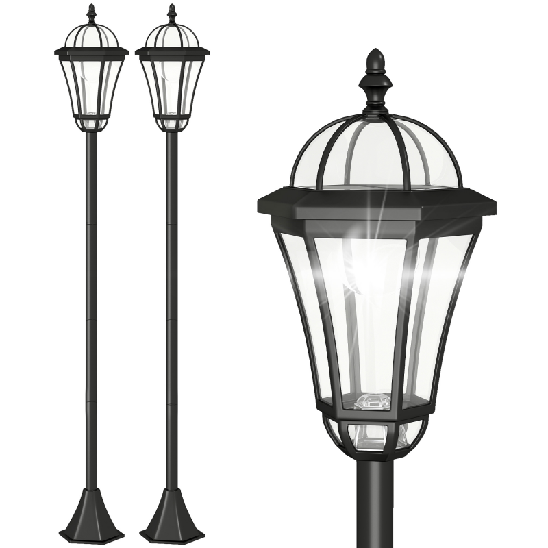 Outsunny 2-St Solar Straßenlaterne LED, IP44, ABS, Ø18,5 x H129 cm, Energiesparmodus, wasserfest, Gartenleuchte mit Edelstahl, Schwarz Aosom – Bild 1 von 2
