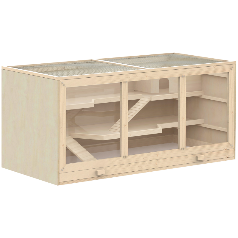 PawHut Hamsterkäfig aus Naturholz Dreistöckiger Nagerkäfig mit Treppen, PVC, 115x57x55cm Aosom – Bild 1 von 2