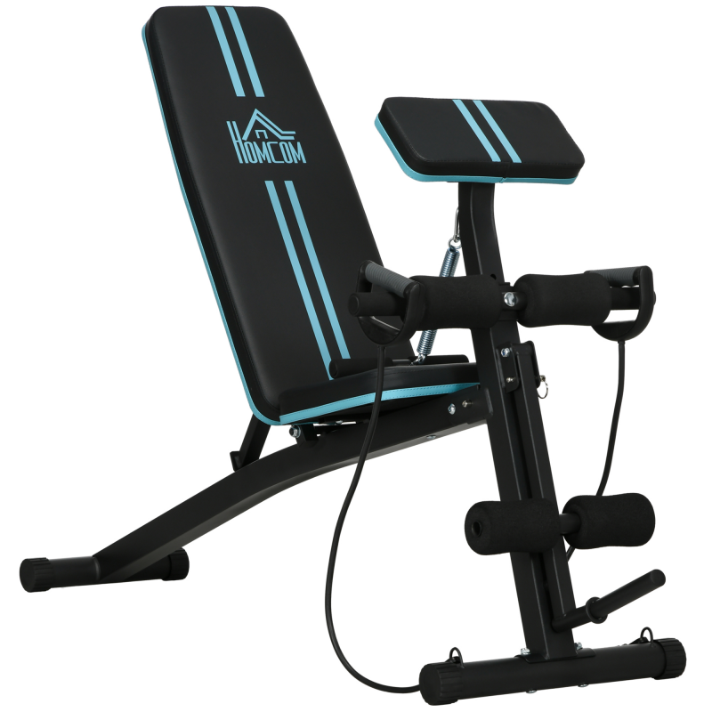 HOMCOM Hantelbank, Multifunktion Trainingsbank mit 7-fach verstellbarer Rückenlehne, Klappbar Fitnessbank bis 120 kg belastbar, für Zuhause, Bizeps-Curls, Langhantel, Stahl, Blau Aosom – Bild 1 von 2