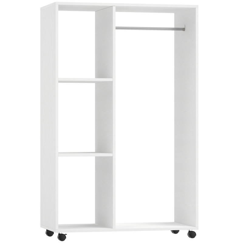 HOMCOM Kleiderschrank auf Rollen, mobile Garderobe, 1 Kleiderstange, 3 Regale, Garderobenschrank, Rollbarer Kleiderständer für Flur, Schlafzimmer, 80 x 40 x 128 cm, Weiß Aosom – Bild 1 von 2