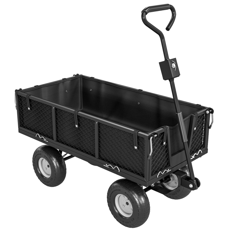 Outsunny Gartenwagen 300 kg belastbar Transportwagen mit Luftreifen, herausnehmbare Plane Griff Rädern Lenkachse Bollerwagen Handwagen Gartenkarre 114 L Gerätewagen für Haus Garten Schwarz Aosom – Bild 1 von 2