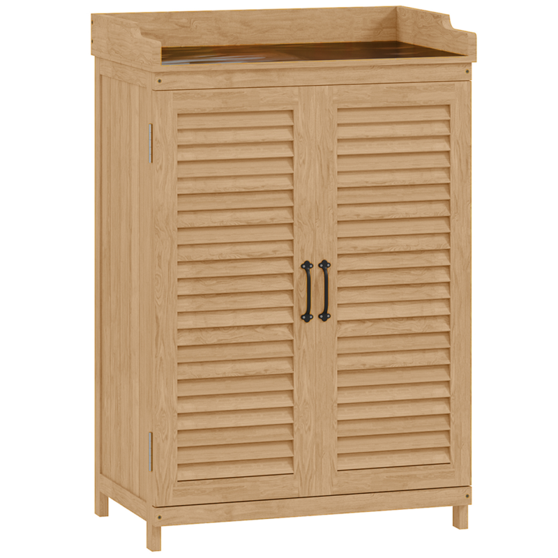 Outsunny Gartenschrank Holz, Geräteschuppen mit Arbeitsfläche, wetterfest Geräteschrank, 65,5x40x98,5cm, Gerätehaus mit Lamellentür, Ablagen, Werkzeugschrank Gartenschuppen für Garten, Terrasse, Gelb Aosom – Bild 1 von 2