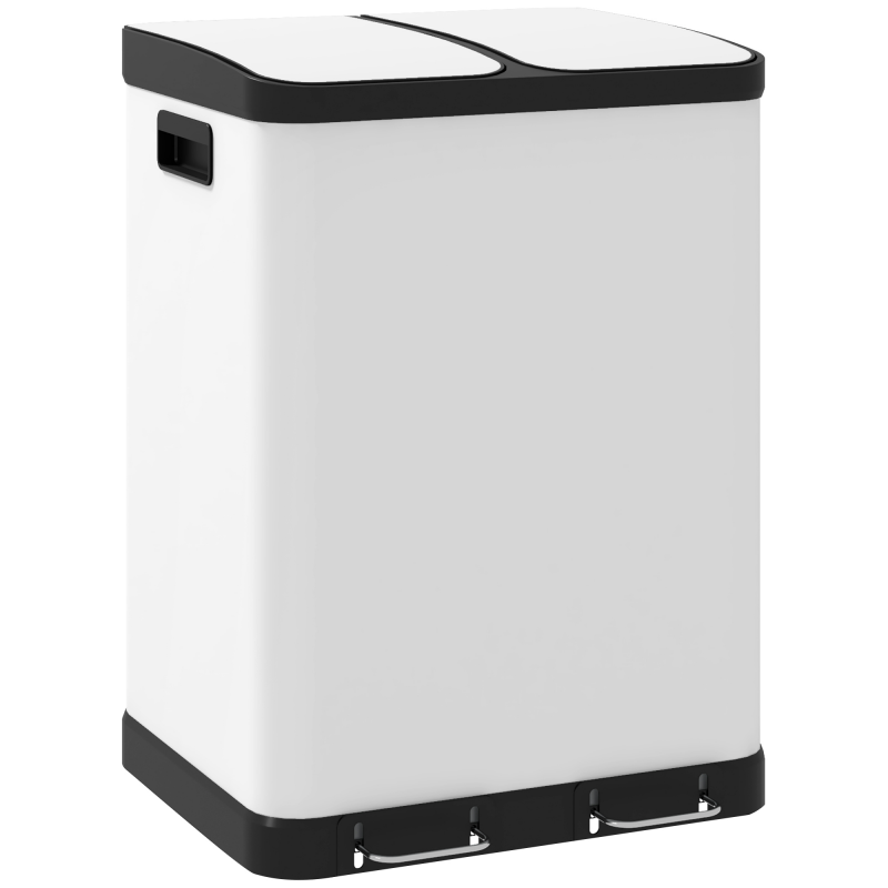 HOMCOM Mülleimer Küche 2 x 30L Mülltrennsystem mit 2 Fächern, Abfalleimer Treteimer mit Softclose-Deckel, Herausnehmbare Inneneimer Metall Weiß Aosom – Bild 1 von 2