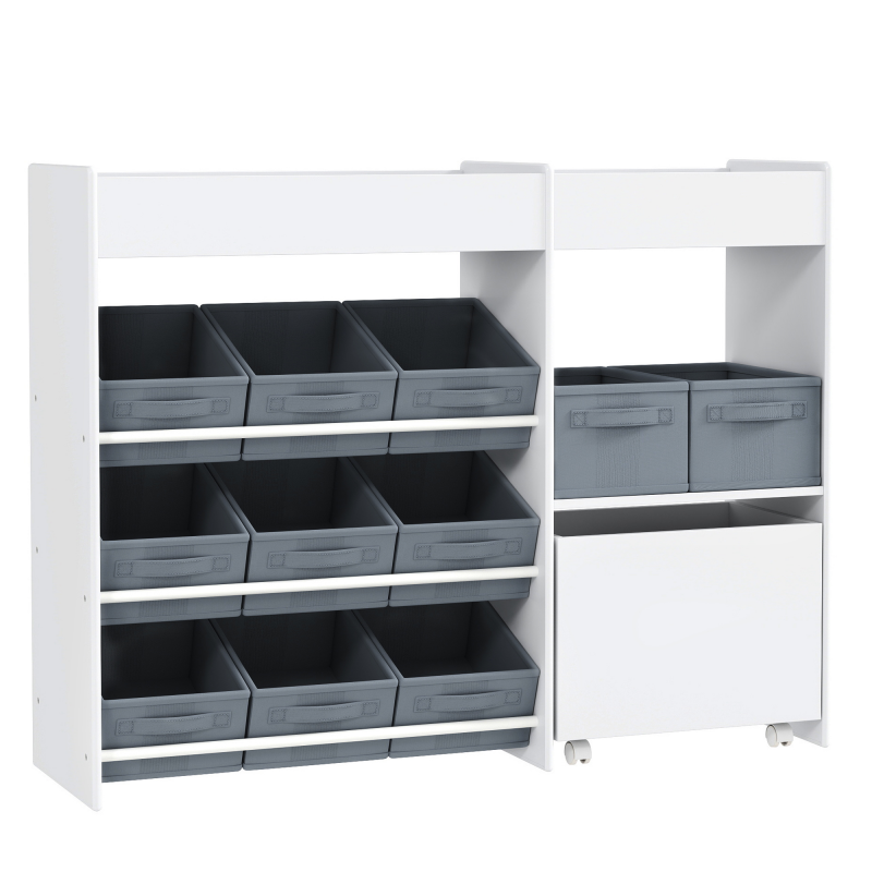 AIYAPLAY Kinderregal Spielzeugregal mit 11 Stoffboxen, oberen Fächern, 3 Stickern, Kinder Bücherregal mit Schränkfach für Kinderzimmer, Kindergarten, 105 x 30 x 80 cm, Weiß Aosom – Bild 1 von 2