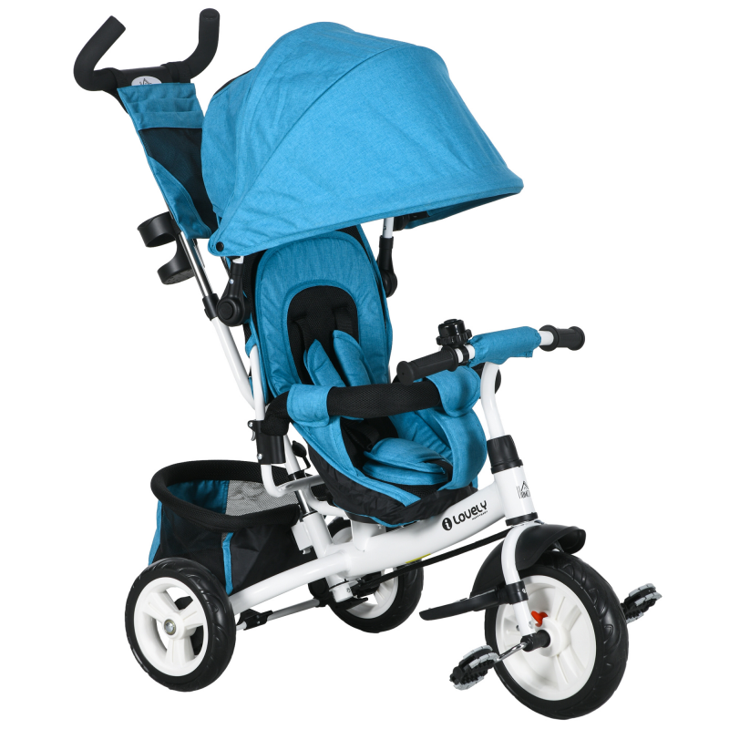 HOMCOM 6-in-1 Dreirad mit Schubstange, Kinderdreirad mit abnehmbarem Sonnendach, Kissen, Laufrad mit 5-Punkt-Sicherheitsgurt, Korb, Becherhalter, für 1-5 Jahre Kinder, Blau Aosom – Bild 1 von 2