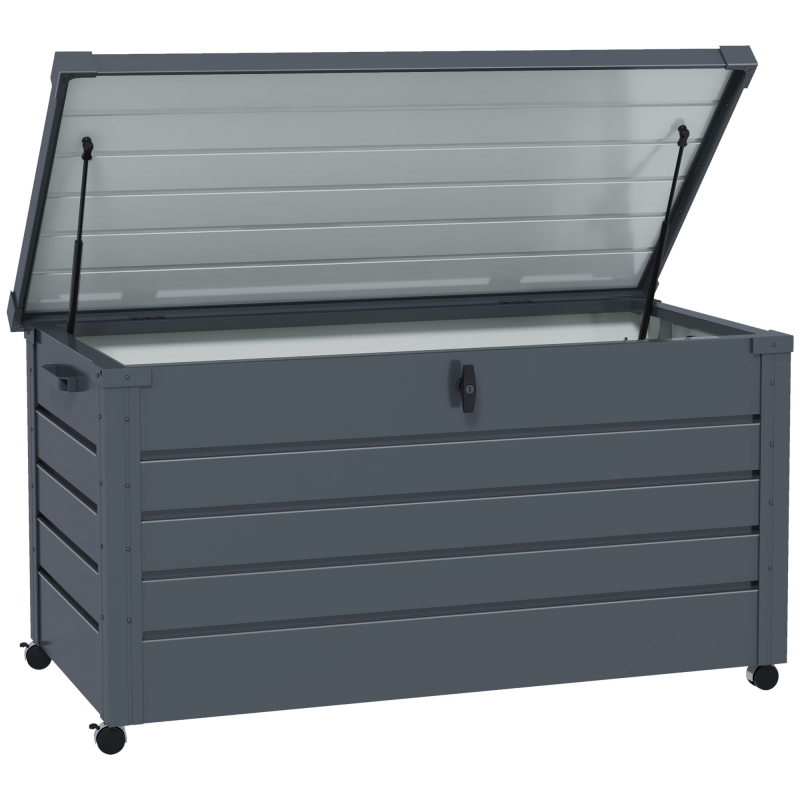 Outsunny Gartenbox Metall 311 Liter Auflagenbox mit Griffen Rollen Schloss Wasserdicht Abschließbar Gartentruhe Outdoor Kissenbox wetterfest Aufbewahrungsbox für Garten Balkon 120 x 62cm Dunkelgrau Aosom – Bild 1 von 2