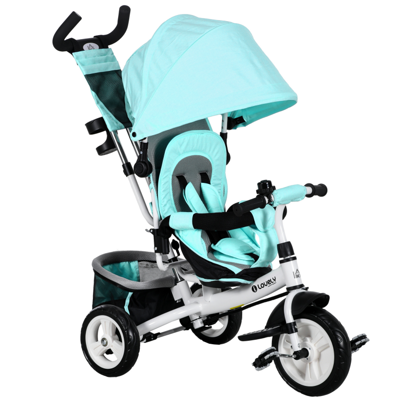 HOMCOM 6-in-1 Dreirad mit Schubstange, Kinderdreirad mit abnehmbarem Sonnendach, Kissen, Laufrad mit 5-Punkt-Sicherheitsgurt, Korb, Becherhalter, für 1-5 Jahre Kinder, Grün Aosom – Bild 1 von 2