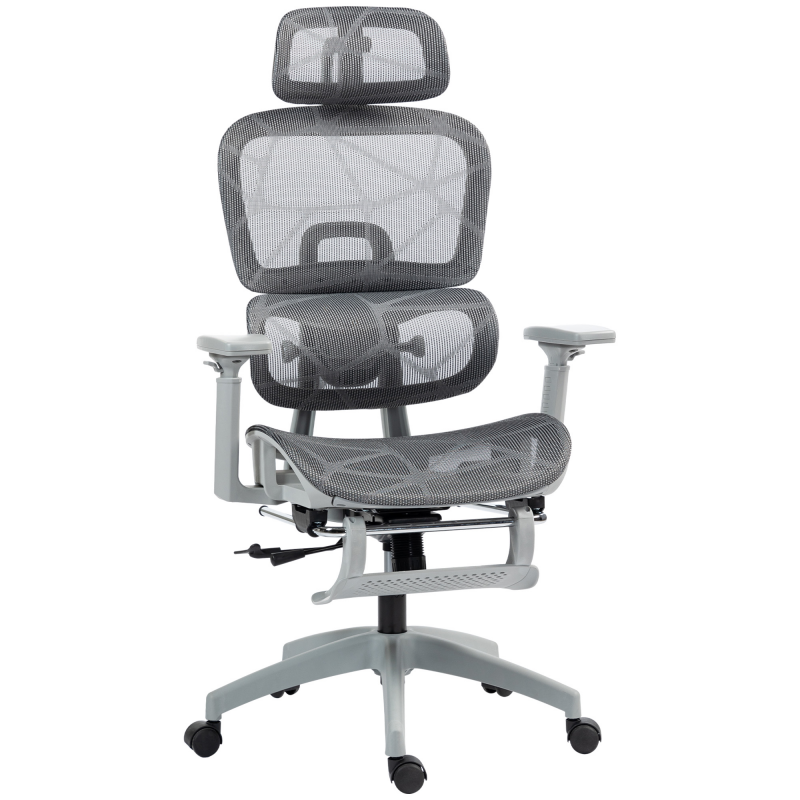 HOMCOM Bürostuhl mit Wippfunktion Liegefunktion Ergonomisch Schreibtischstuhl mit 4-fach verstellbar Rückenlehne Höhenverstellbarer Drehstuhl mit klappbar Armlehnen Kopfstütze Lendenwirbelstütze Grau Aosom – Bild 1 von 2