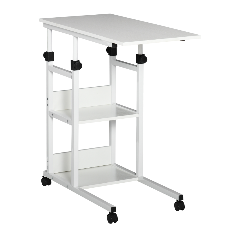 HOMCOM Beistelltisch mit Rollen Höhenverstellbarer Couchtisch, 2 Regale, E1 Spanplatte, Weiß, 80x40x72-82 cm Aosom – Bild 1 von 2