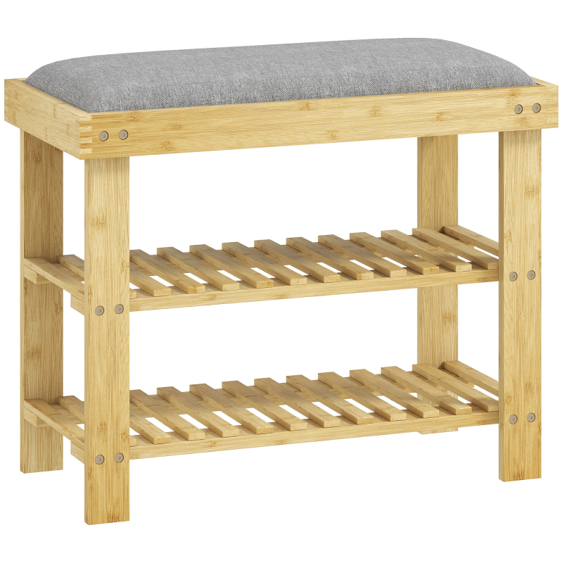 HOMCOM Schuhbank mit Sitzfläche, Bambus Sitzbank mit Stauraum, Schuhregal mit 2 offene Fächer, Sitzbank, Bank, Garderobenbank für Wohnzimmer, Flur, 60 x 29 x 49 cm Grau Aosom – Bild 1 von 2