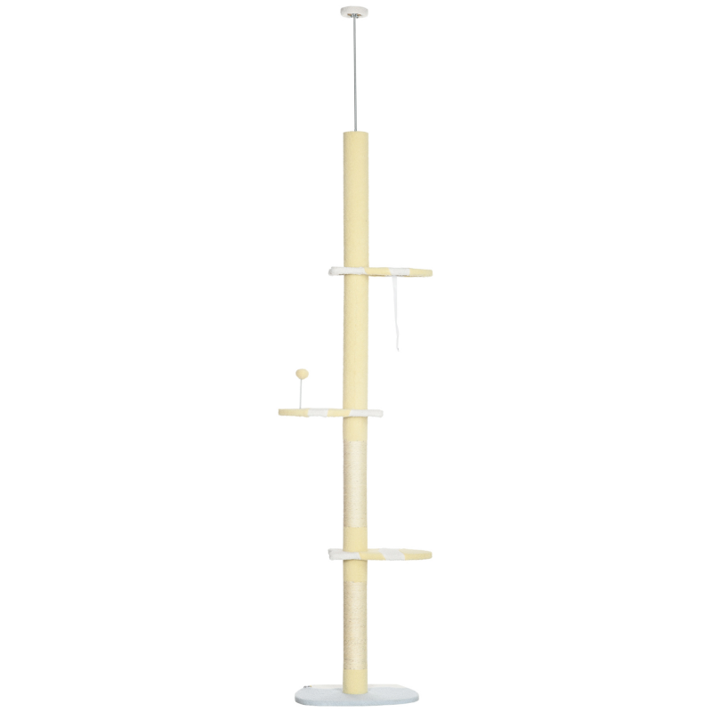 PawHut Kratzbaum, Katzenkratzbaum Deckenhoch, 220-260 cm, Kletterbaum mit Spielball, Katzenbaum Höhenverstellbar, Spielbaum mit Kippschutz, Plüsch, Gelb Aosom – Bild 1 von 2