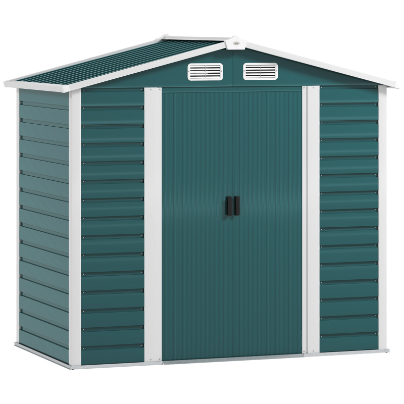Outsunny Gartenhaus 2,36 m² aus Stahlblech mit 4 Lüftungsöffnungen und 2 Schiebetüren, Gerätehaus mit geneigtem Dach, Vorhängeschloss und Handschuhen, 213x120x194 cm, Grün Aosom – Bild 1 von 2