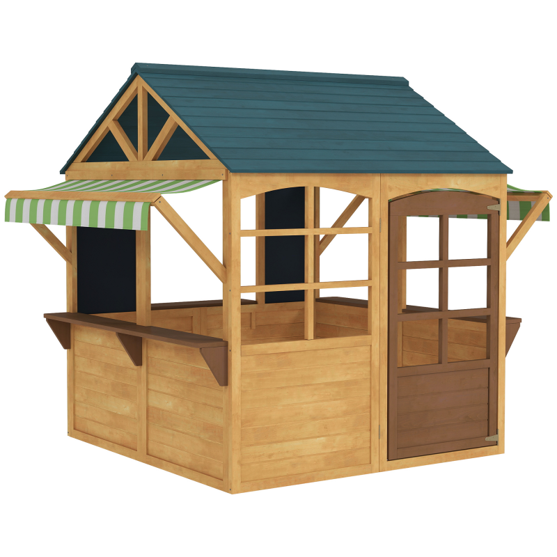 AIYAPLAY Spielhaus aus Holz Faltbar Kinderspielhaus Outdoor mit Fenstern, Tür, Fensterbank, Regenkappen, Kinderhaus, Gartenhaus für Kinder 3-8 Jahre Aosom – Bild 1 von 2