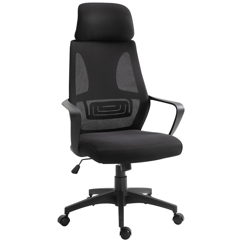 Vinsetto Bürostuhl, Höhenverstellbarer Schreibtischstuhl mit Wippfunktion Drehstuhl mit Armlehne, Kopfstütze, Lendenstütze Bürostuhl mit Netzstoff-Optik, Schwarz Aosom – Bild 1 von 2
