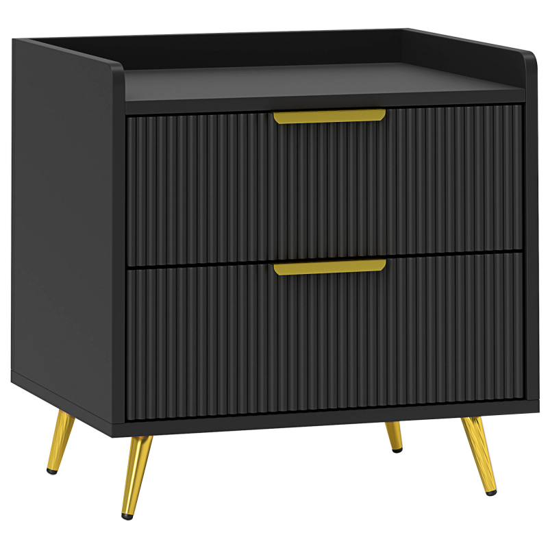HOMCOM Nachttisch mit 2 gerillten Schubladen, goldfarbene Metallfüße, Nachtkästchen für Schlafzimmer, Wohnzimmer, 50 x 40 x 50 cm, schwarz Aosom – Bild 1 von 2